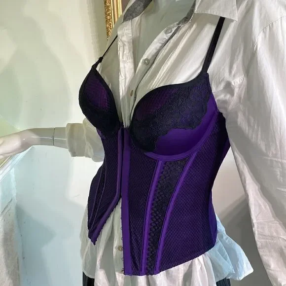 La SENZA Bustier Purple Black Lace Open Cross Back Medium - Picture 12 of 16